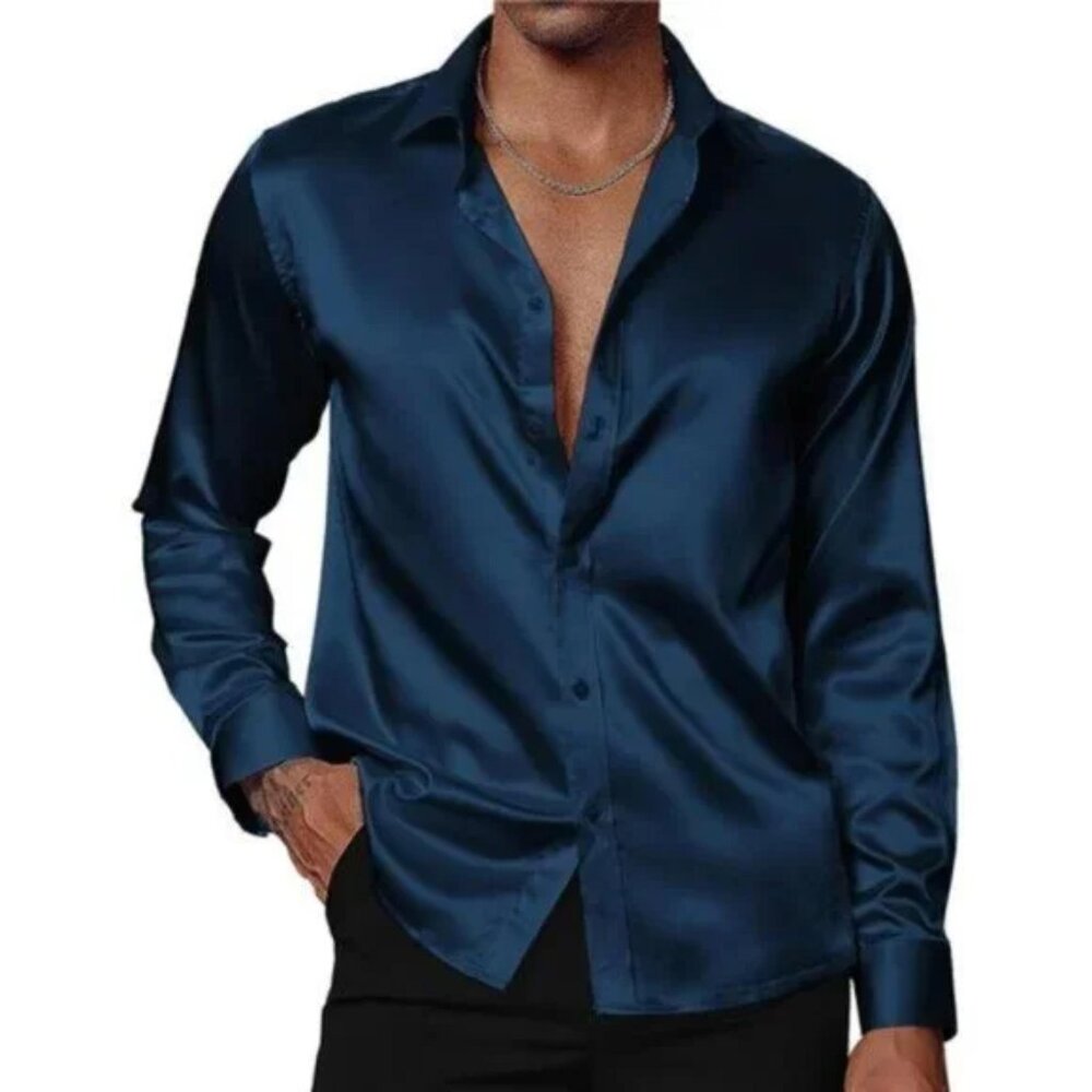 Men's Shiny Satin Shirts Long Sleeve Navy Blue Dress Shirt